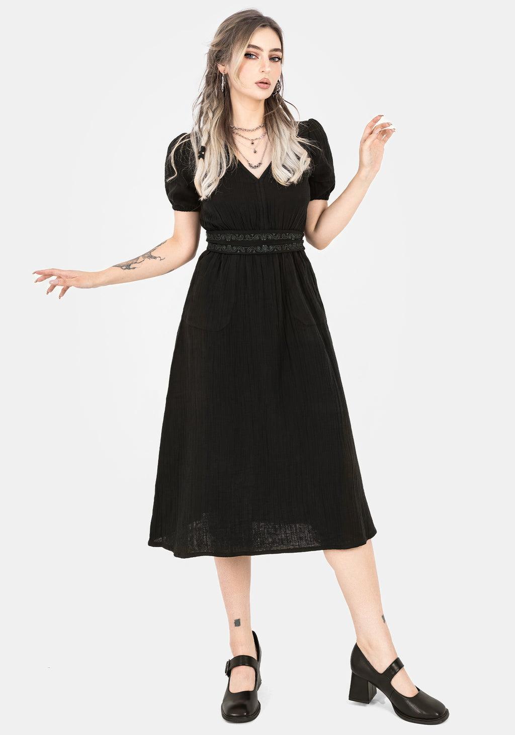 Poultice Embroidered Cotton Midi Dress - Black Product Image