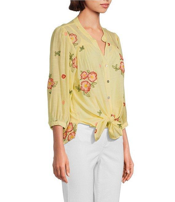 Figueroa & Flower Embroidered Floral Mandarin Collar 3/4 Sleeve Button-Front Blouse Product Image