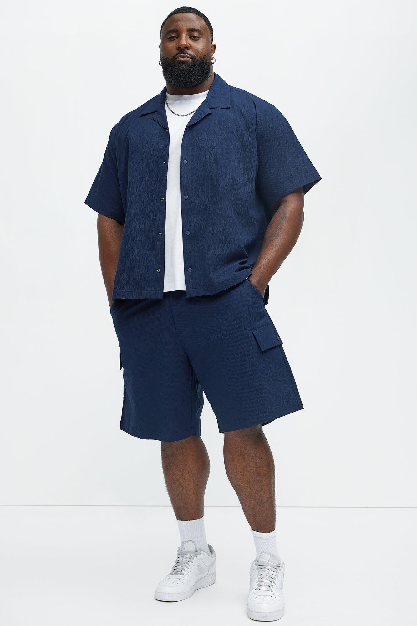 Seersucker Short Sleeve Cuban Collar Shirt - Navy Product Image