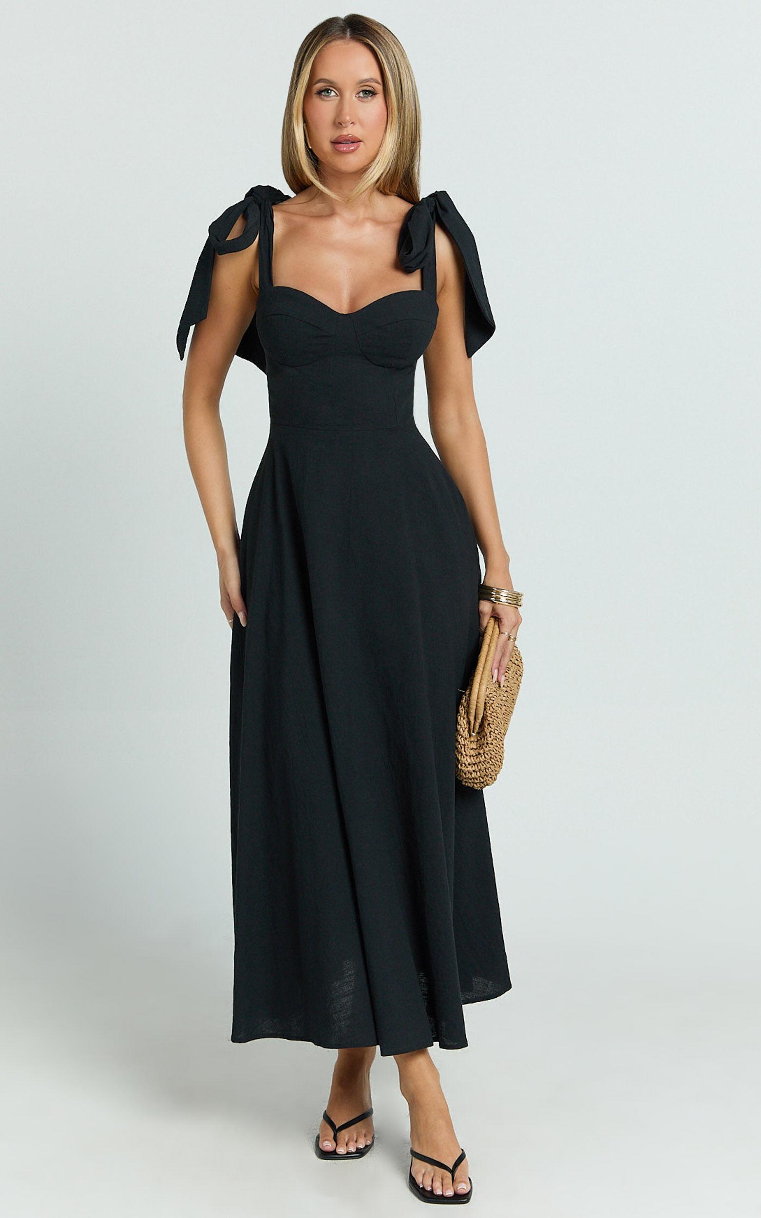 Tymia Midi Dress - Shoulder Tie Bustier Shirred Back A Line in Black Product Image