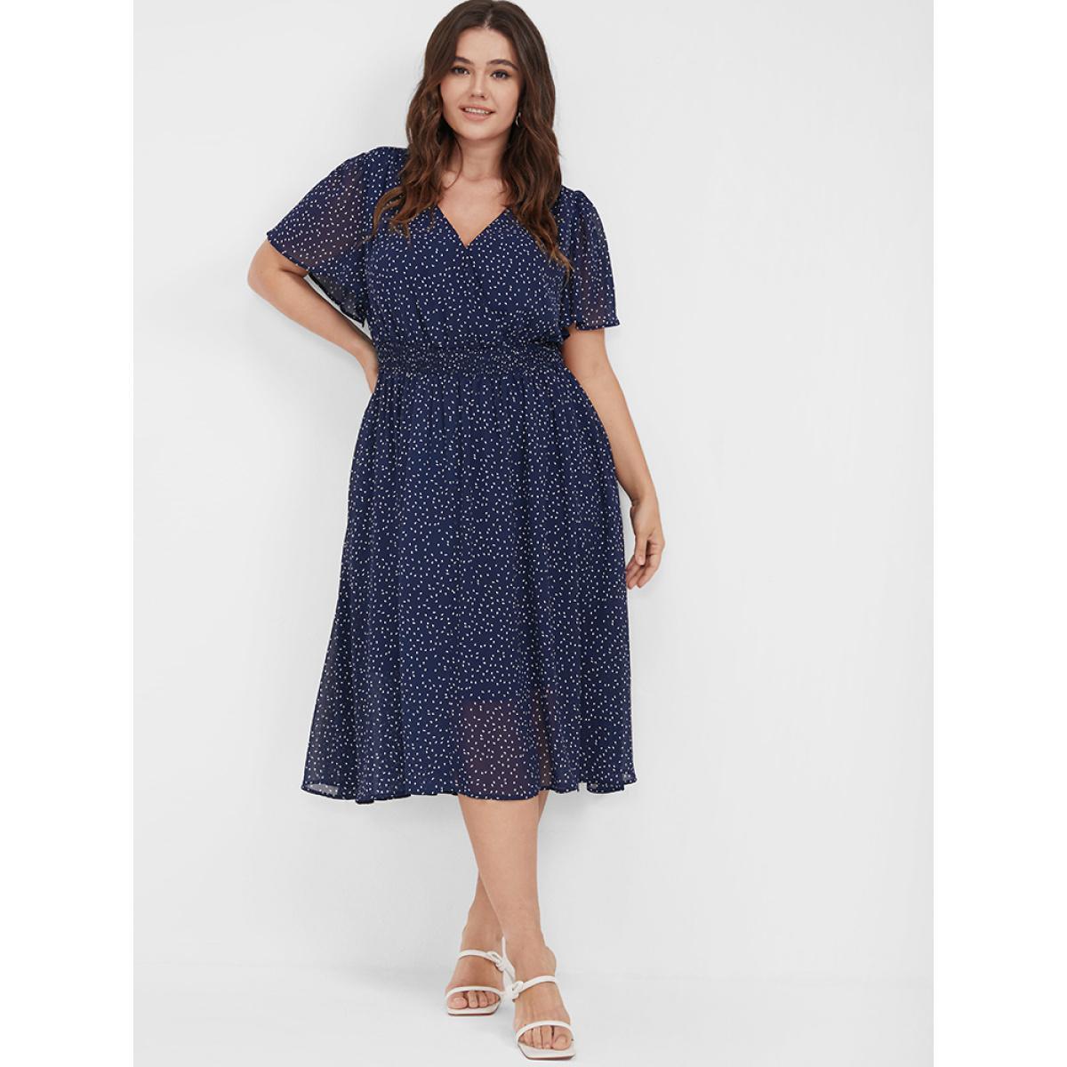 Polka Dot Printed Plus Size Women Midi Dress Dailywear Ruffle Sleeve Short Sleeve V Neck Pocket Elegance Dresses BloomChic Product Image