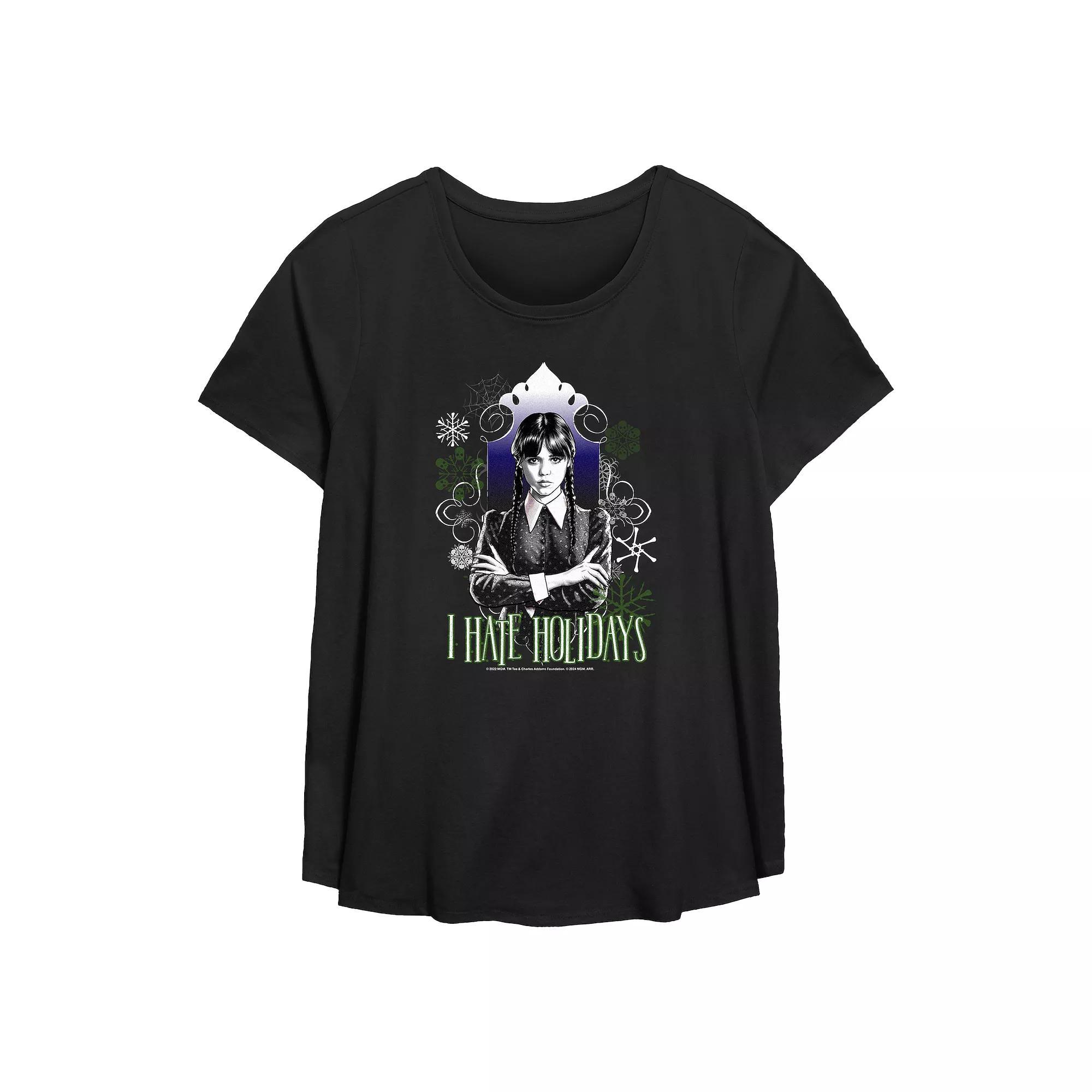 Plus Size Wednesday I Hate Holidays Flowy Graphic Tee, Women's, Size: 1XL, Black Product Image