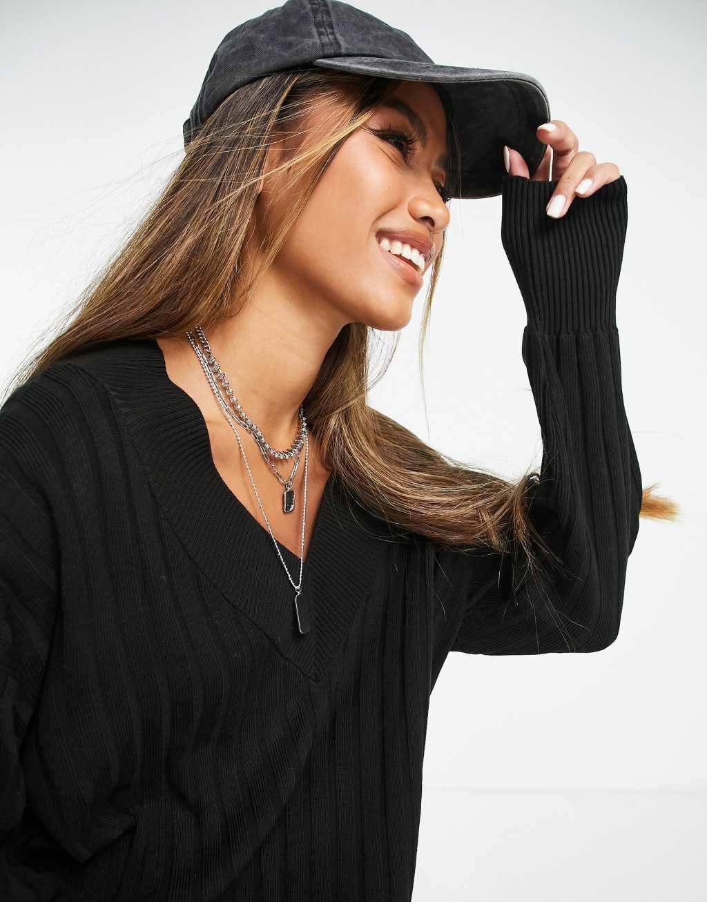 ONLY knitted v neck midaxi dress in black  Product Image