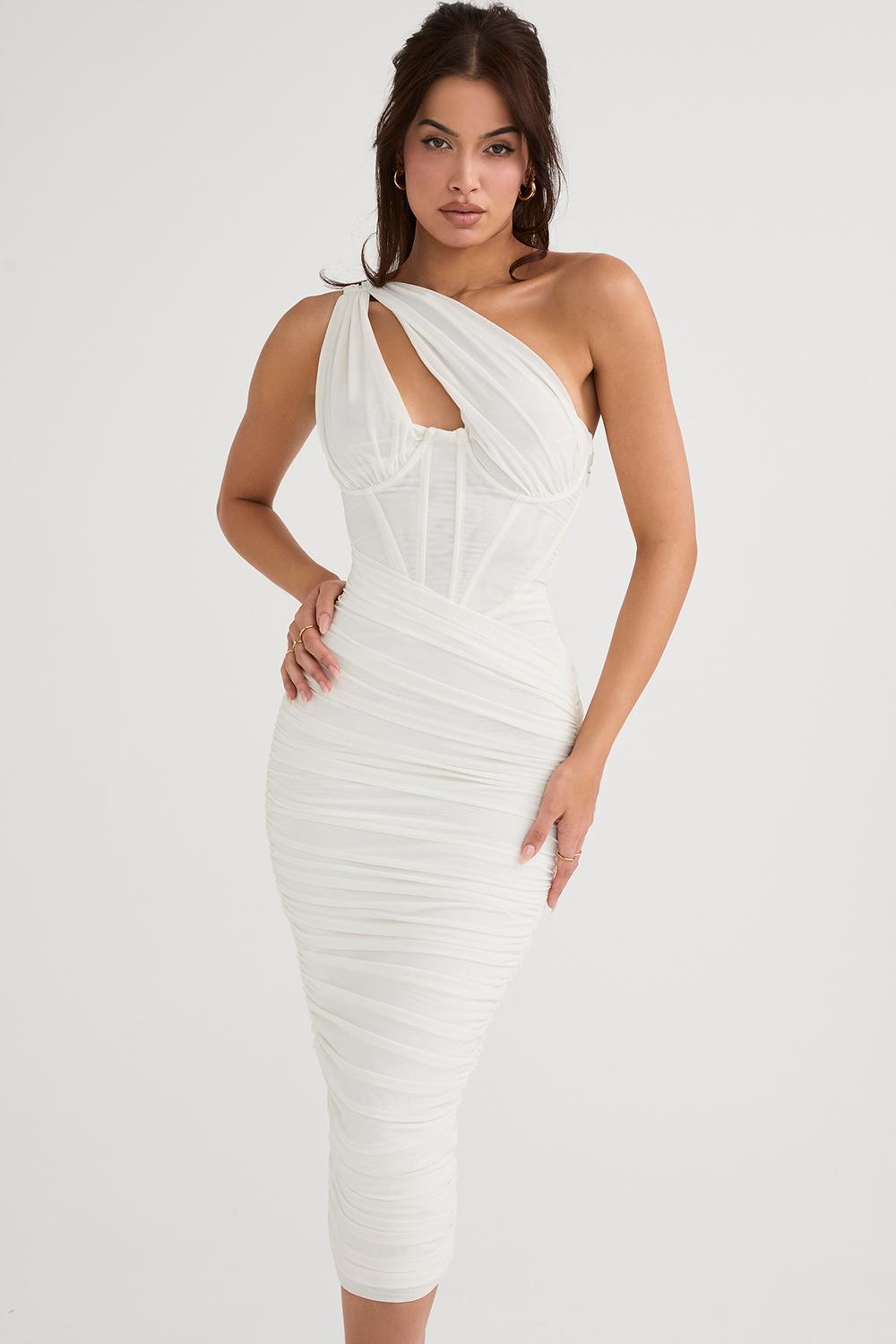 Valentina Ivory Asymmetric Cutout Midi Dress Product Image