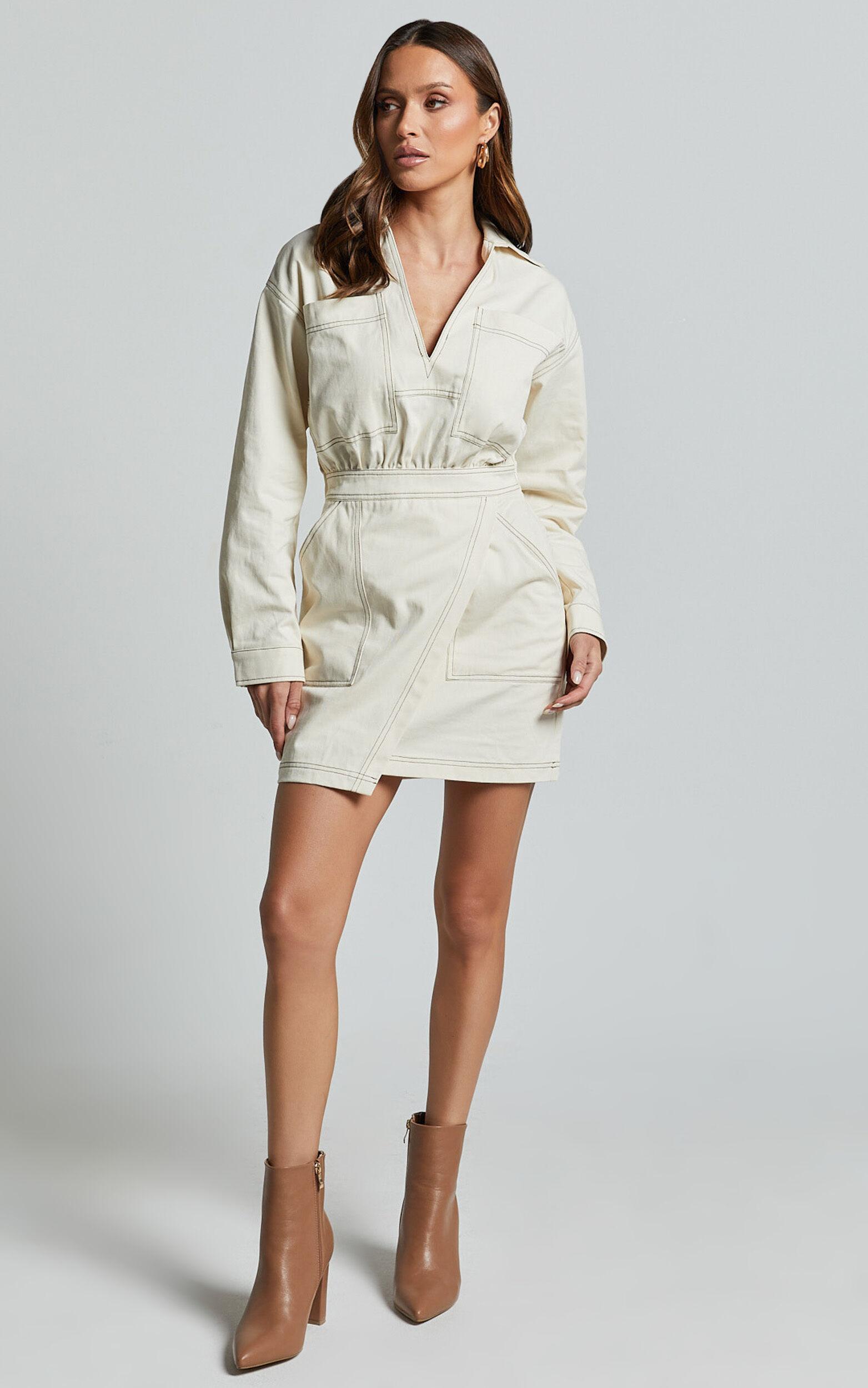 Lilianna Mini Dress - V Neck Long Sleeve Wrap Dress in Cream Product Image