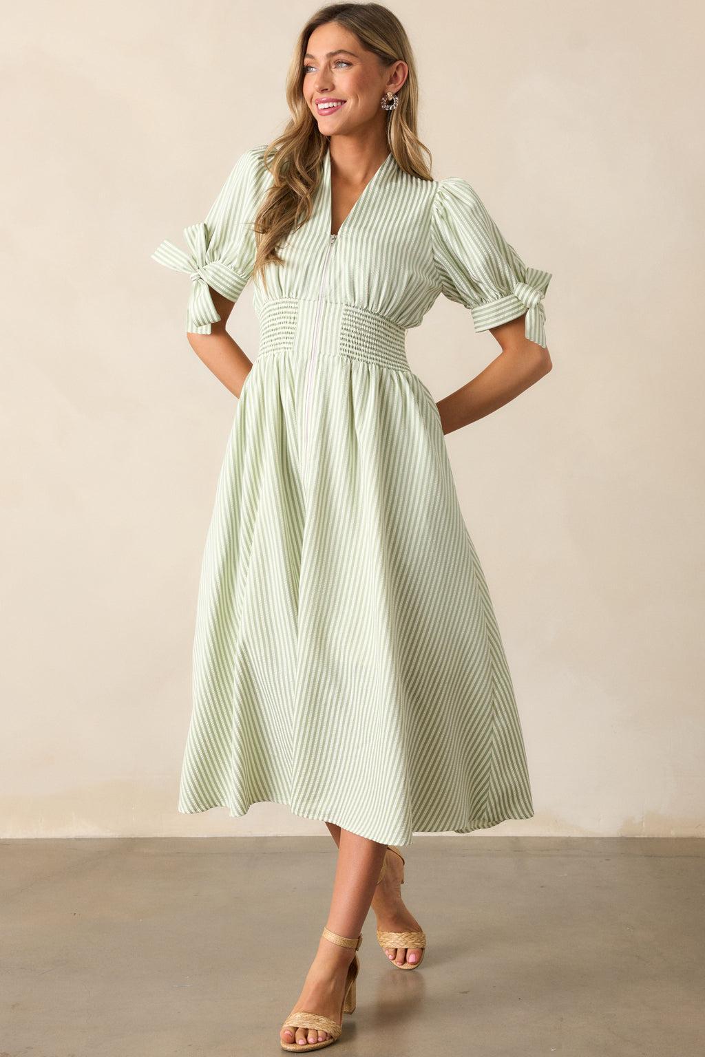 Afternoon Tea Green Stripe Zip Front Midi Dress Product Image
