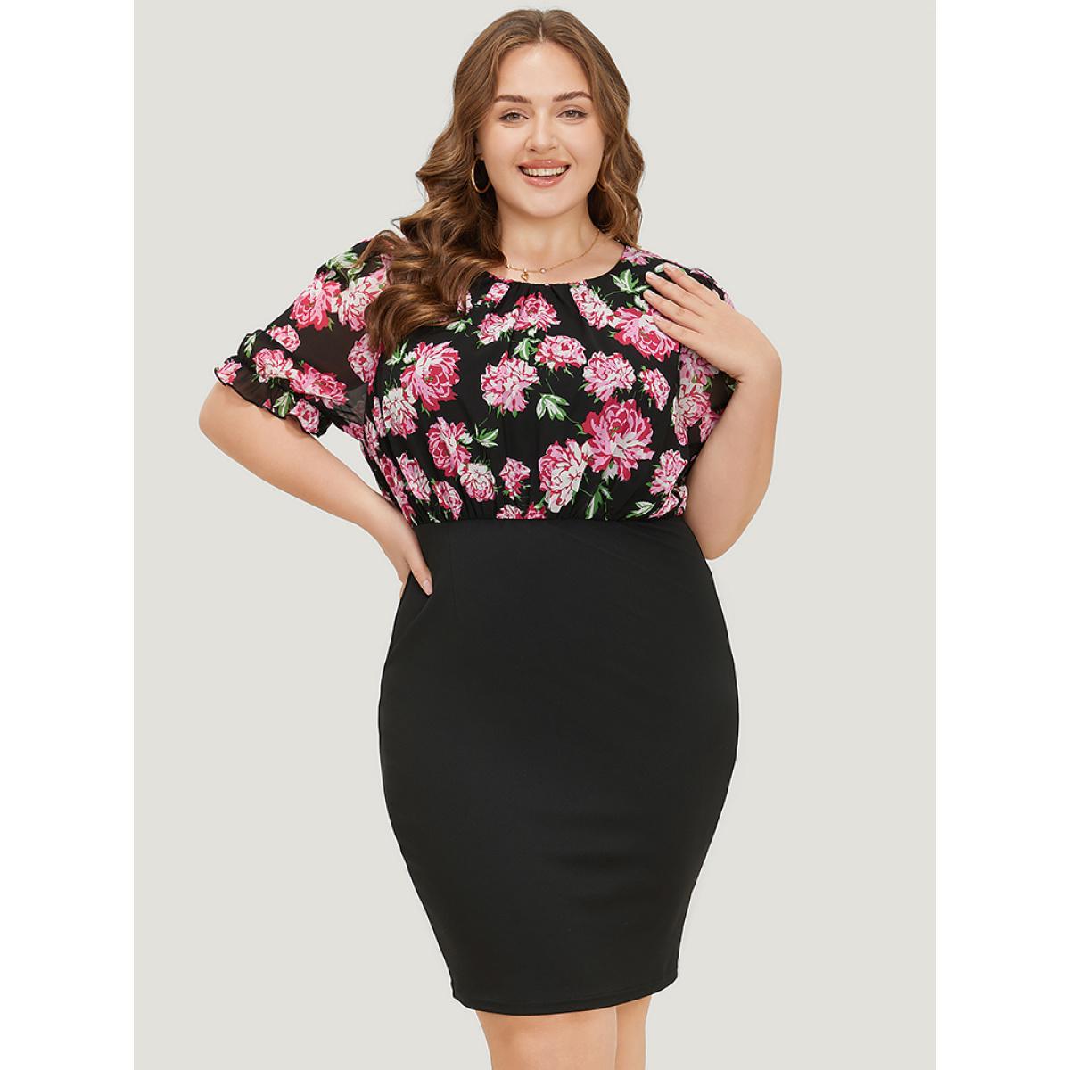 Plus Size Floral Patchwork Mesh Puff Sleeve Bodycon Dress Black Women Elegant Gathered Round Neck Short sleeve Curvy Knee Dress BloomChic 26/4X Product Image
