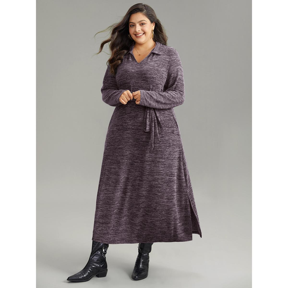 Plus Size Solid Pocket Elastic Waist Ties Split Hem Dress Purple Women Casual Plain Lapel Collar Long Sleeve Curvy Midi Dress BloomChic 10/M Product Image