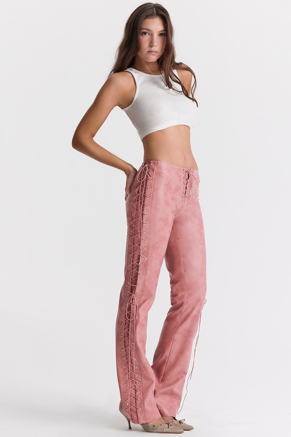 Drew Warm Pink Vegan Leather Lace Up Trousers Product Image