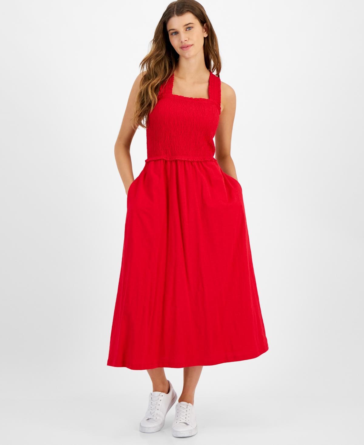 Tommy Hilfiger Solid Smocked Midi Dress (Bright ) Women's Dress Product Image