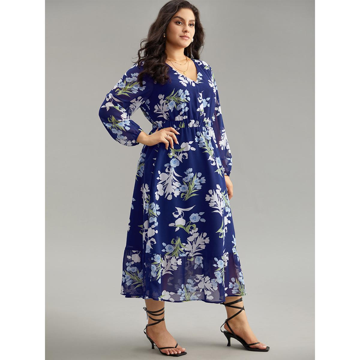 Plus Size Floral Print Chiffon Pocket Elastic Waist Gathered Dress DarkBlue Women Elegant Elastic cuffs V-neck Long Sleeve Curvy Midi Dress BloomChic 14-16/1X Product Image