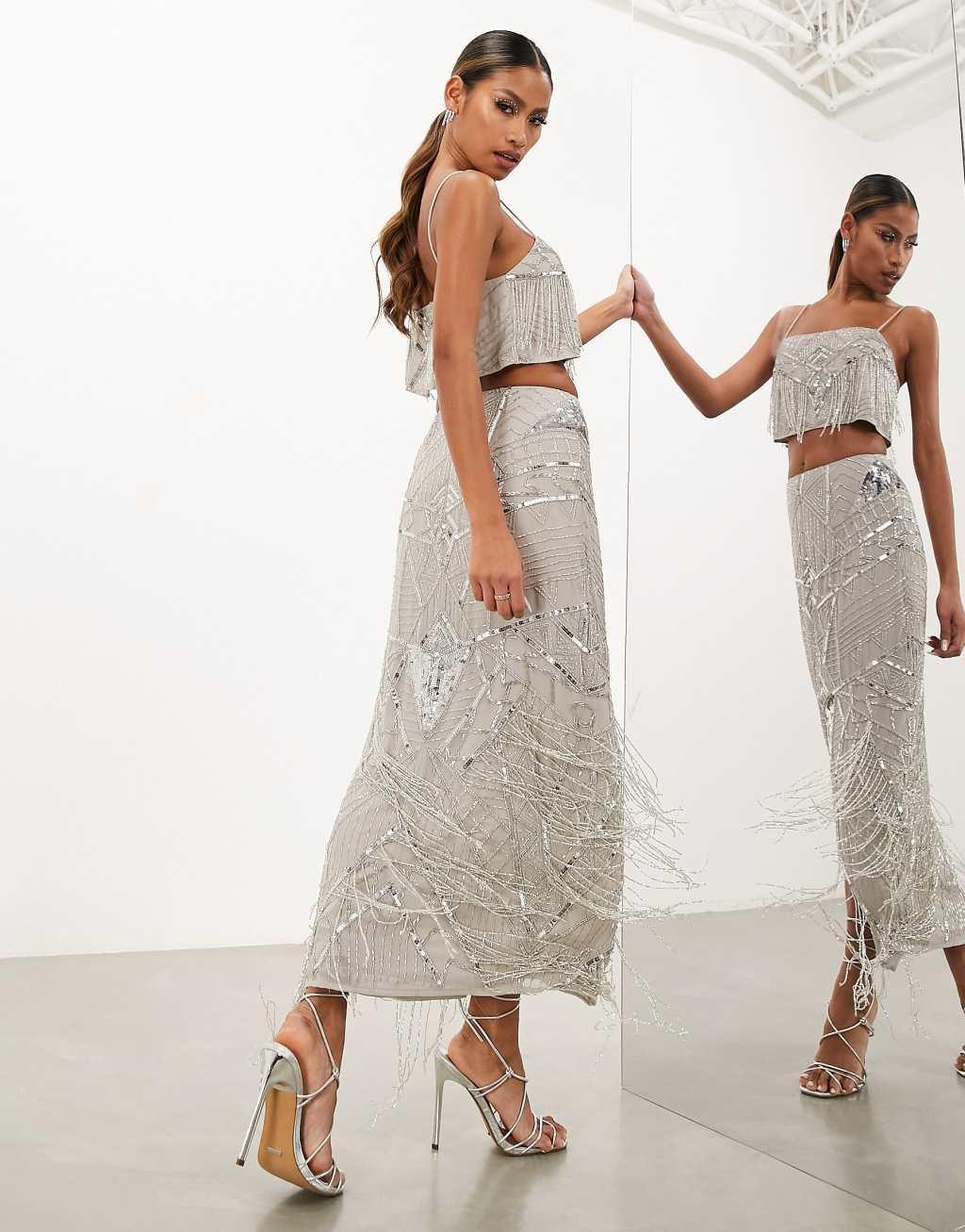 ASOS Edition sequin and fringe artwork midi skirt Product Image