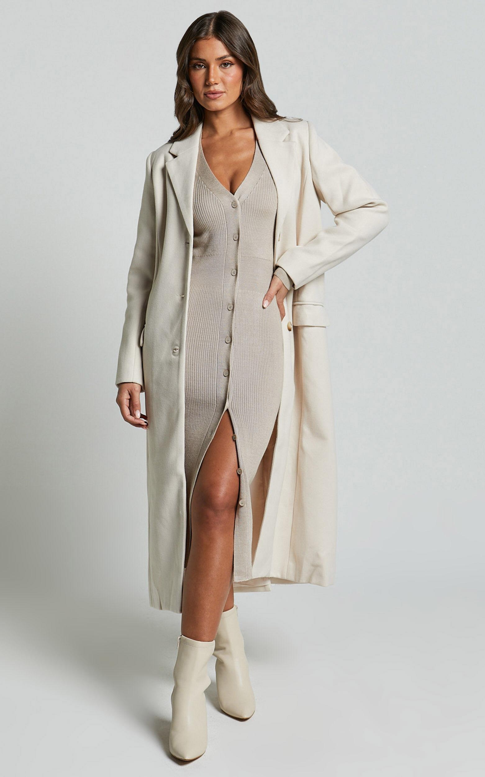 Leahanna Midi Dress - Button Front Knit Dress in Taupe Product Image