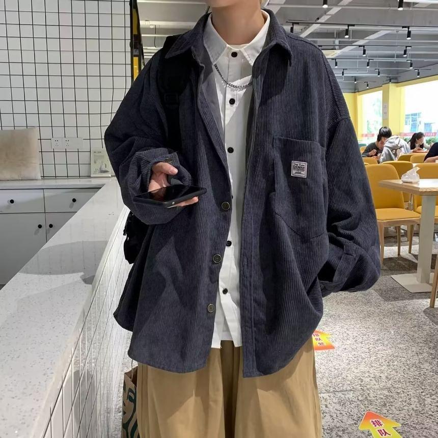 Plain Applique Pocket Detail Corduroy Oversized Shacket Product Image