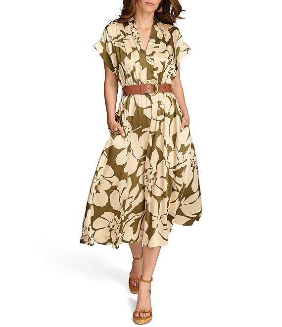 Donna Karan V-Neck Short Sleeve Belted Floral Midi Dress Product Image