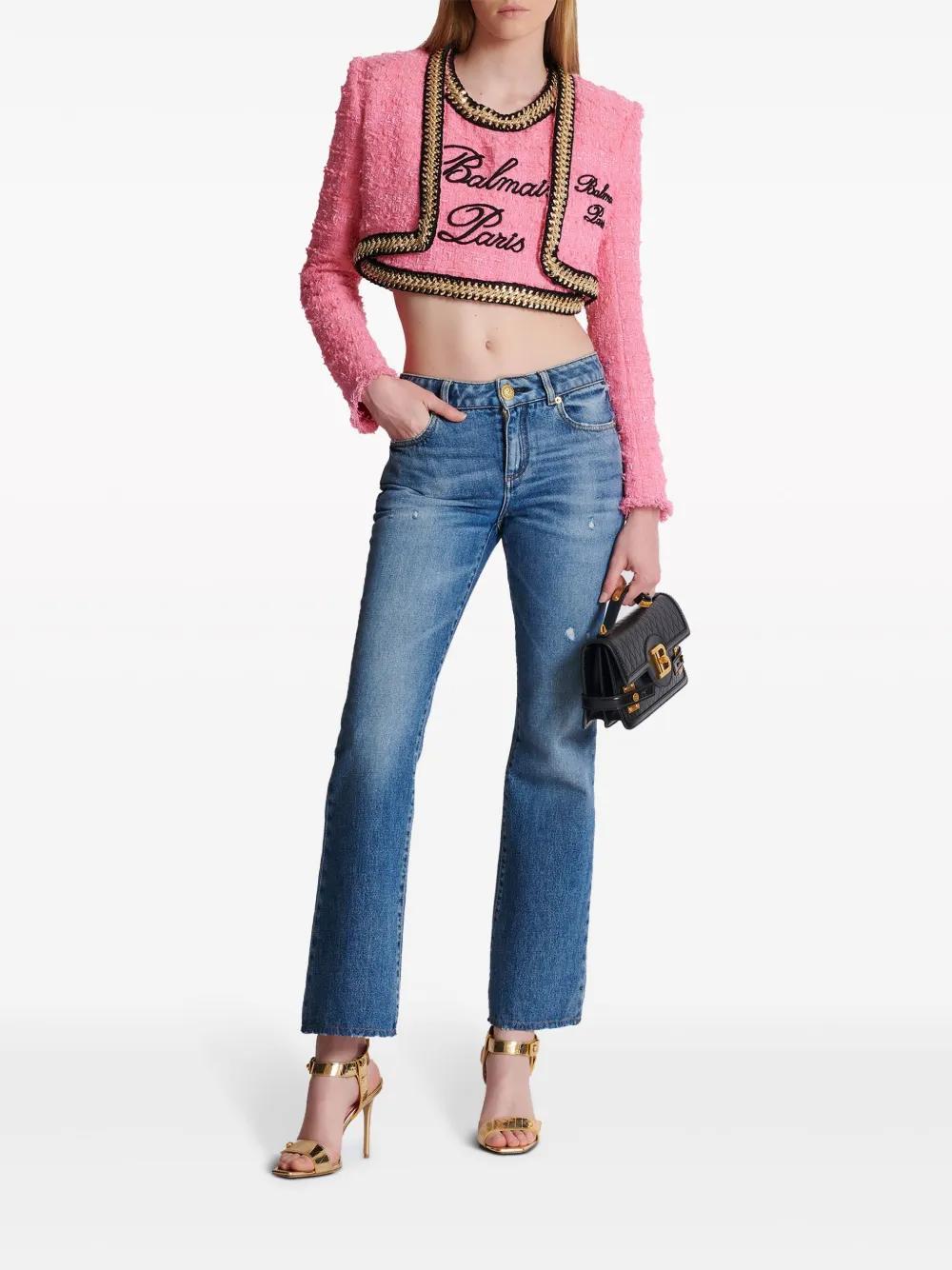 logo-embroidered tweed crop top Product Image