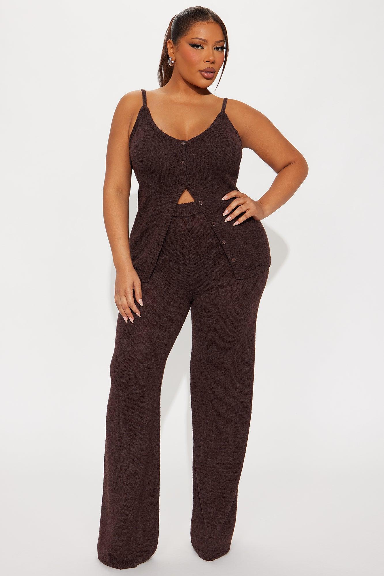 Bella Button Front Knit Pant Set - Chocolate Product Image