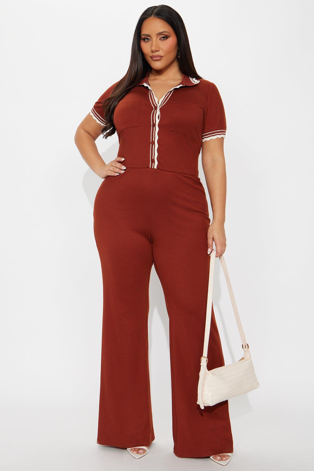 Juliette Ribbed Flare Leg Jumpsuit - Rust Product Image