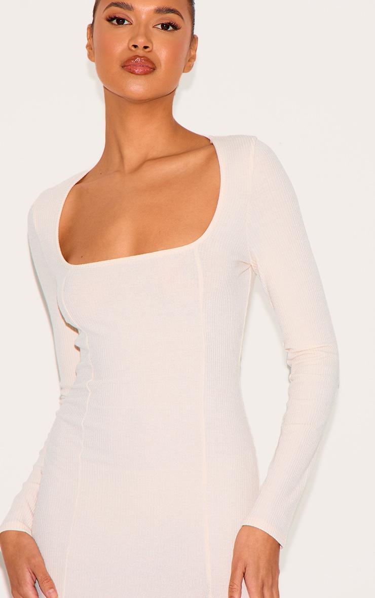 Cream Rib Split Hem Square Neck Long Sleeve Bodycon Dress Product Image