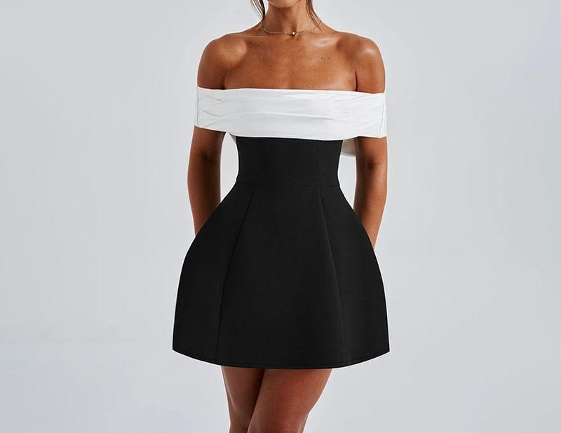 Off Shoulder Two Tone A-Line Mini Dress Product Image