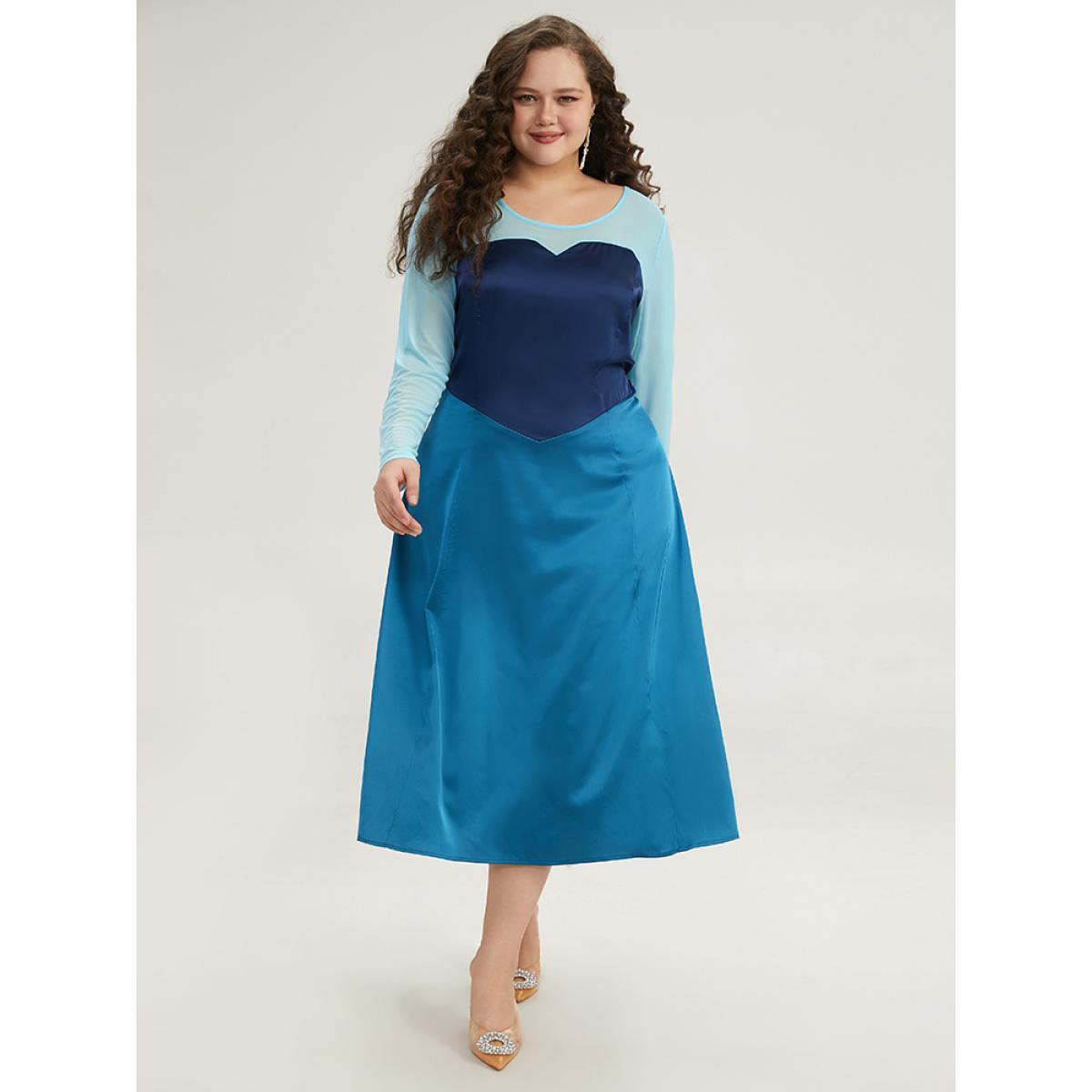 Plus Size Halloween Contrast Patchwork Mesh Dress Aegean Women Elegant See through Round Neck Long Sleeve Curvy Midi Dress BloomChic 18-20/2X Product Image