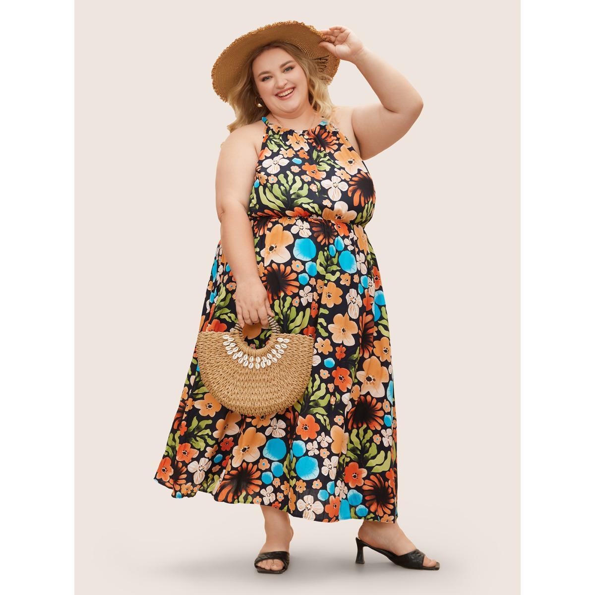 Plus Size Floral Printed Patchwork Side Seam Pocket Dress Indigo Women Resort Gathered Non Sleeveless Curvy BloomChic 18-20/2X Product Image