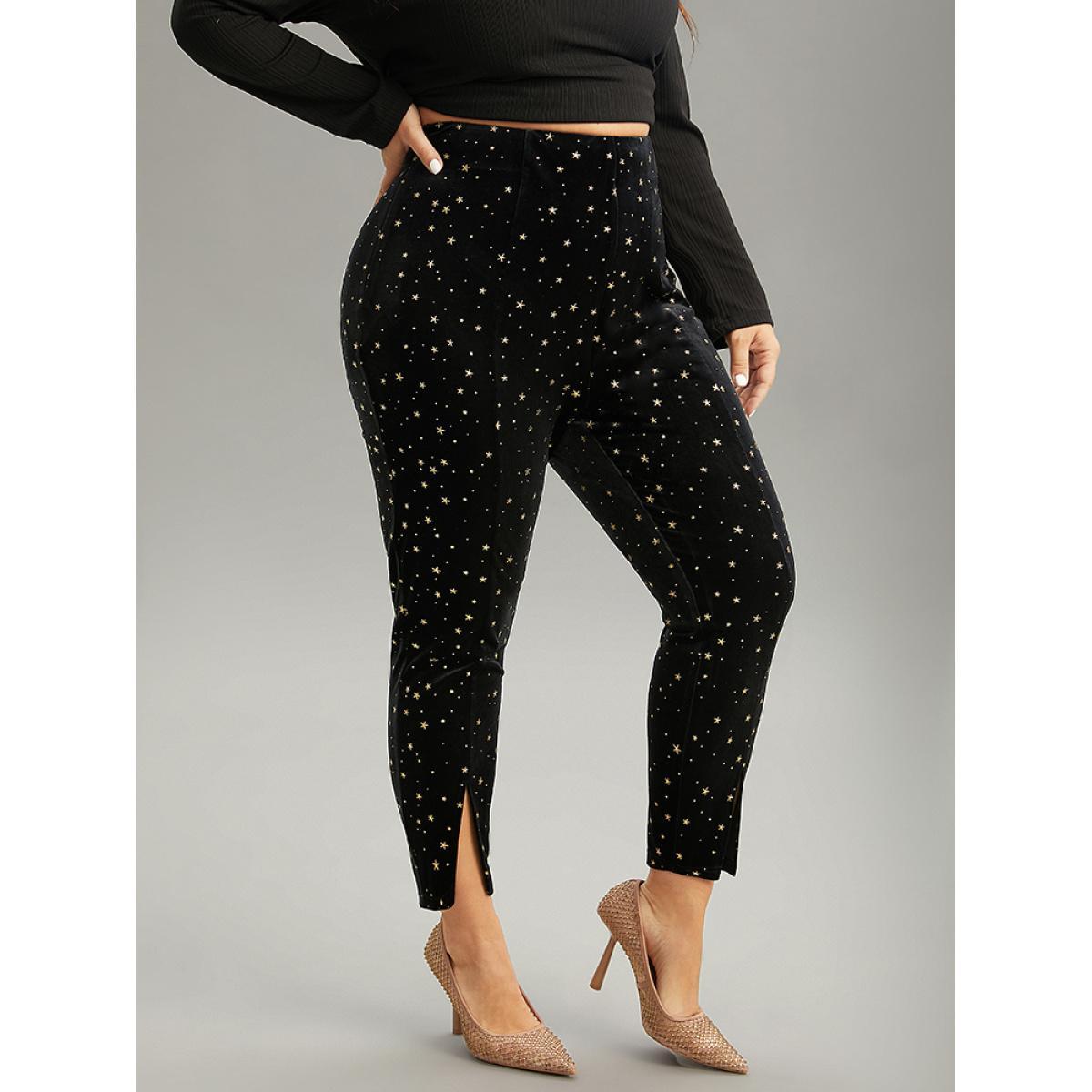 Plus Size Star Glitter Split Hem High Rise Skinny Leggings Women Black Glamour High stretch Skinny High Rise Party Leggings BloomChic 22-24/3X Product Image