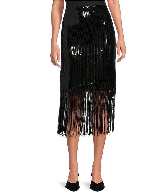 Skies Are Blue Sequin High Waist Fringe Midi Skirt Product Image