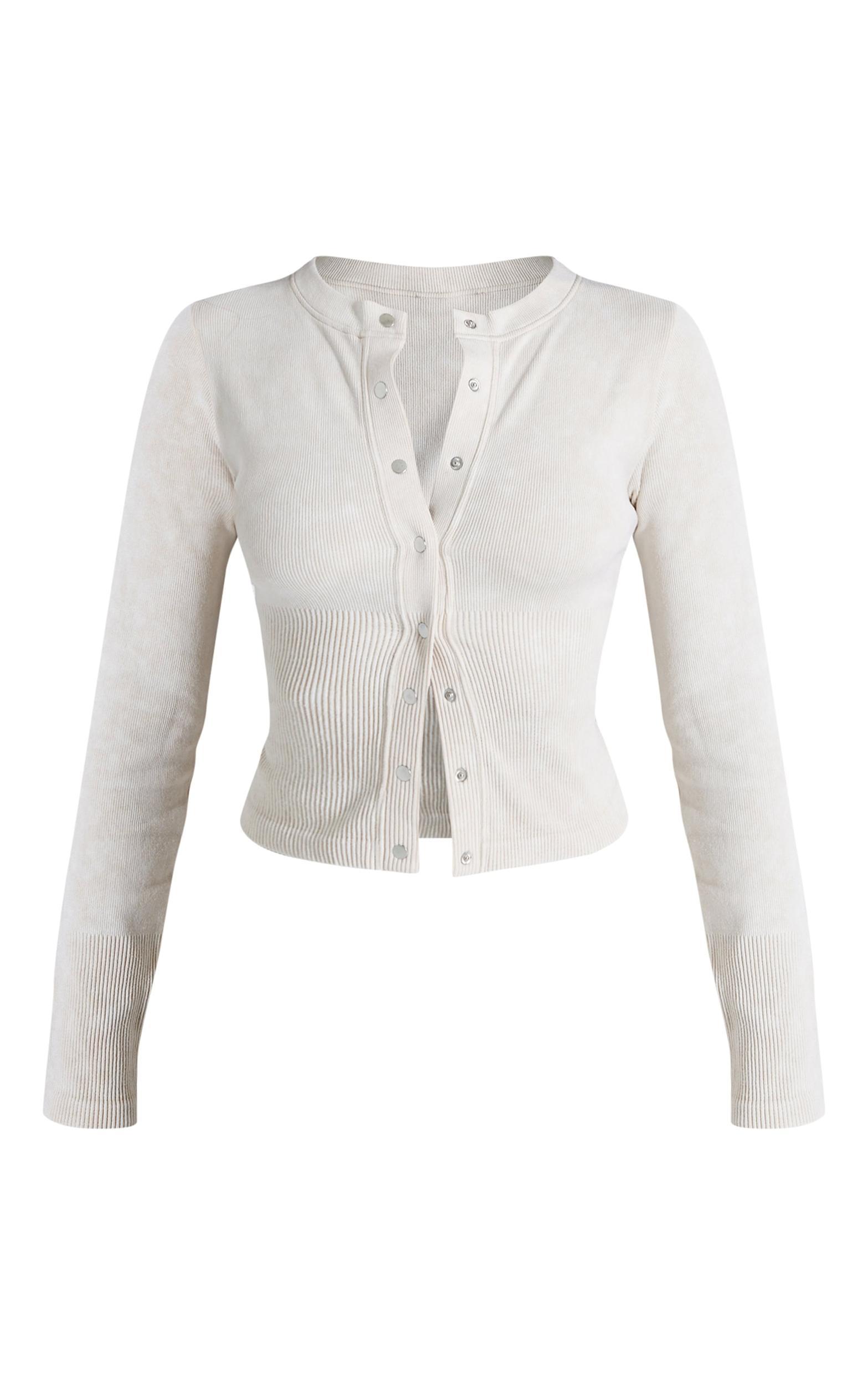 Petite Cream Faded Snatched Rib Long Sleeve Button Up Long Top Product Image