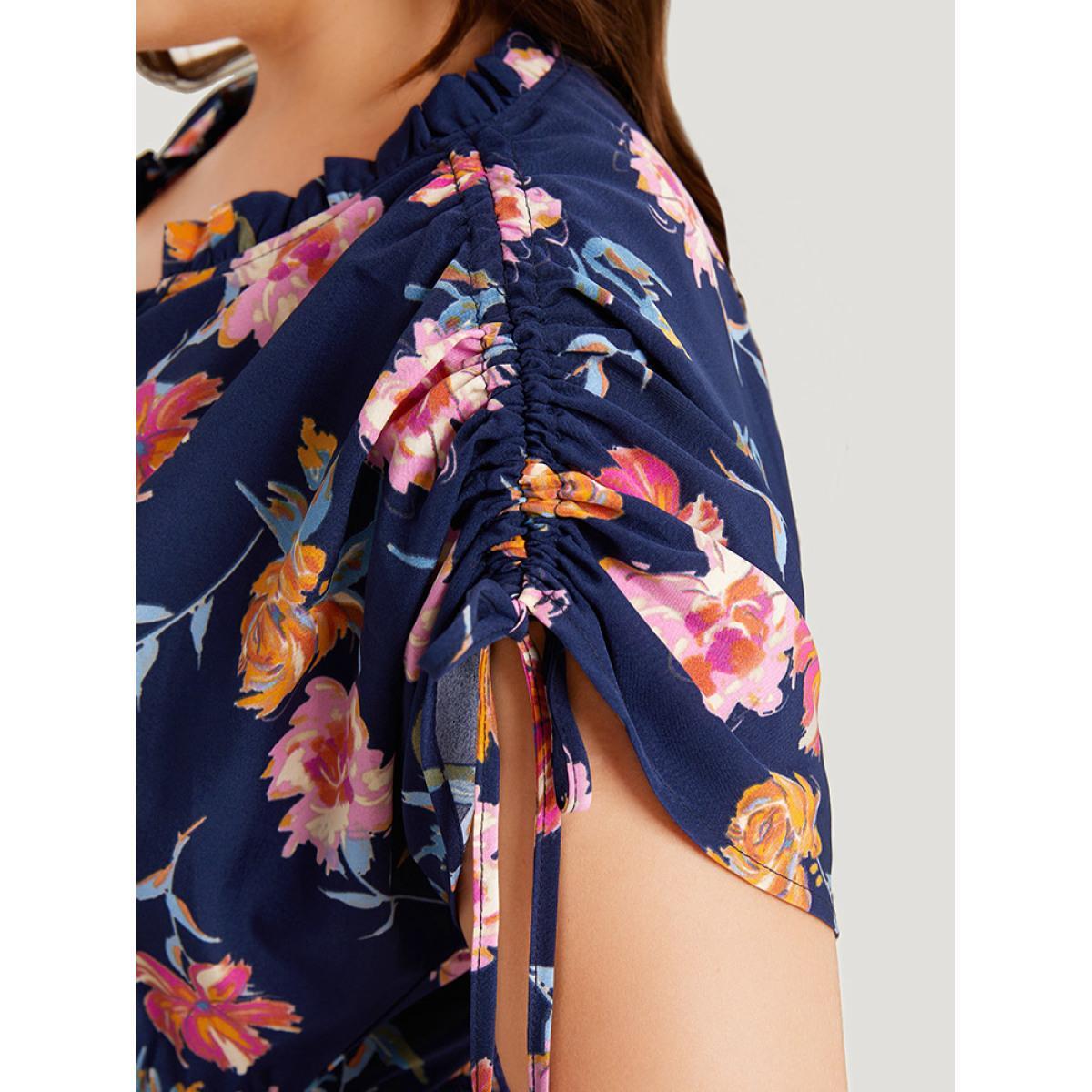 Plus Size Floral Knot Neck Drawstring Dolman Sleeve Shirred Dress Navy Women Elegant Frill Trim V-neck Short sleeve Curvy Midi Dress BloomChic 26/4X Product Image