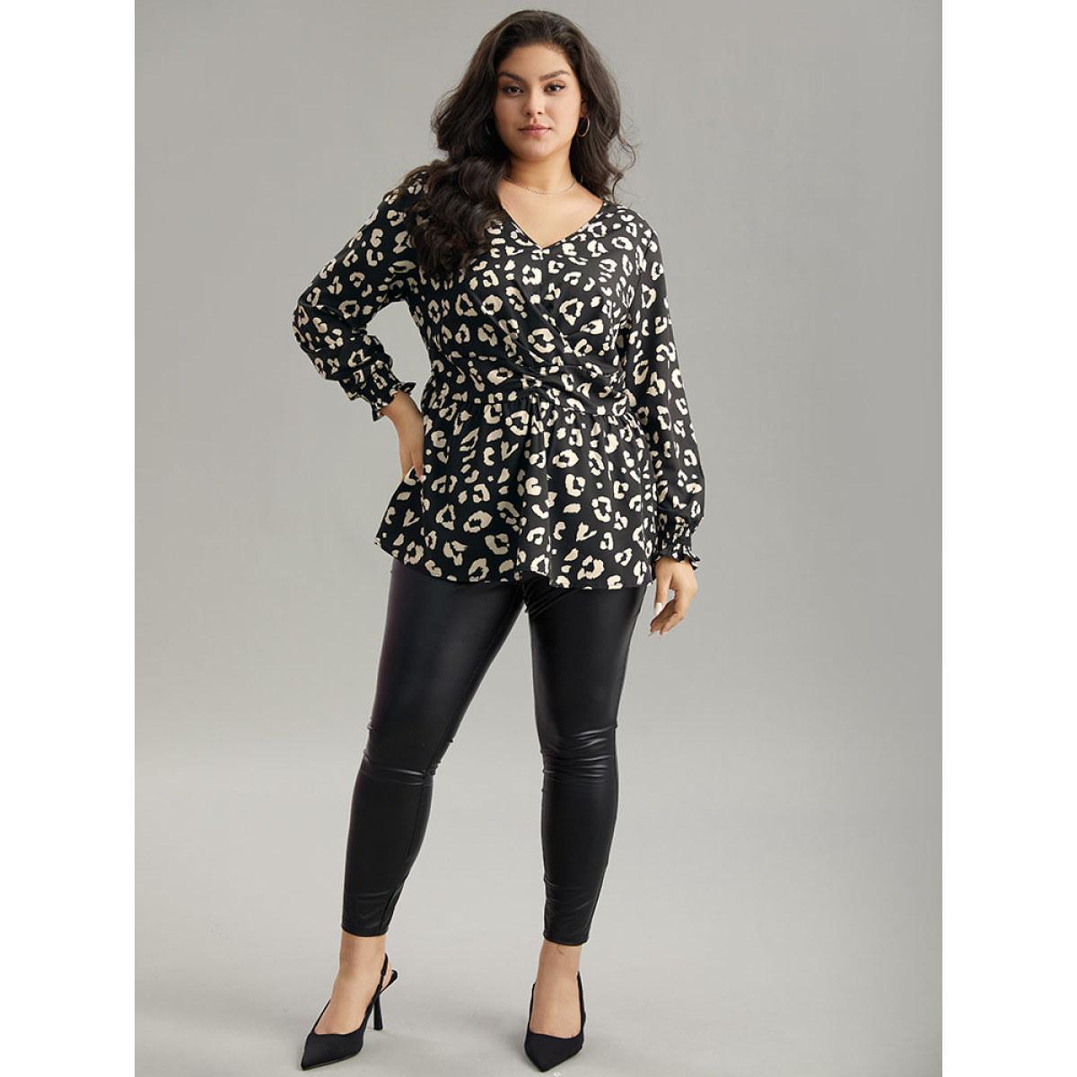 Plus Size Black Leopard Print Crossover Ruched Shirred Blouse Women Elegant Long Sleeve V-neck Dailywear Blouses BloomChic 22-24/3X Product Image