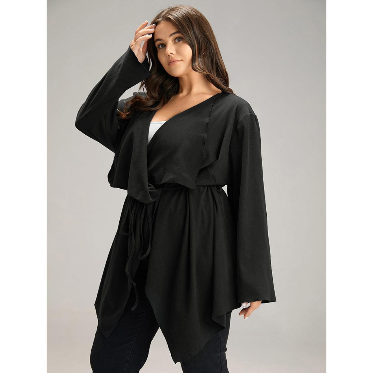 Plus Size Solid Rib Knit Ties Lapel Collar Kimono Women Black Casual Plain Belt Dailywear Kimonos BloomChic 18-20/2X Product Image