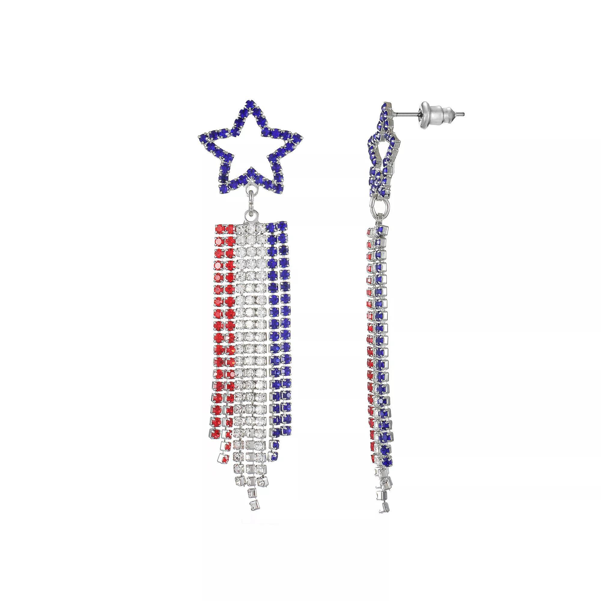 Celebrate Together™ Silver Tone Red, White & Blue Rhinestone Star Drop Chandelier Earrings, Women's, Multi Product Image