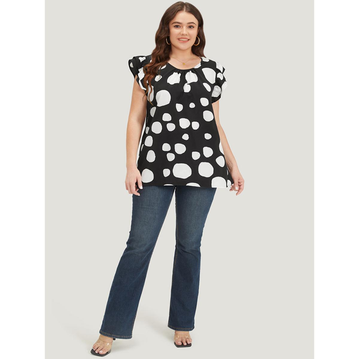 Plus Size Black Polka Dot Flutter Cap Sleeve Tiered Blouse Women Elegant Cap Sleeve Round Neck Dailywear Blouses BloomChic 22-24/3X Product Image