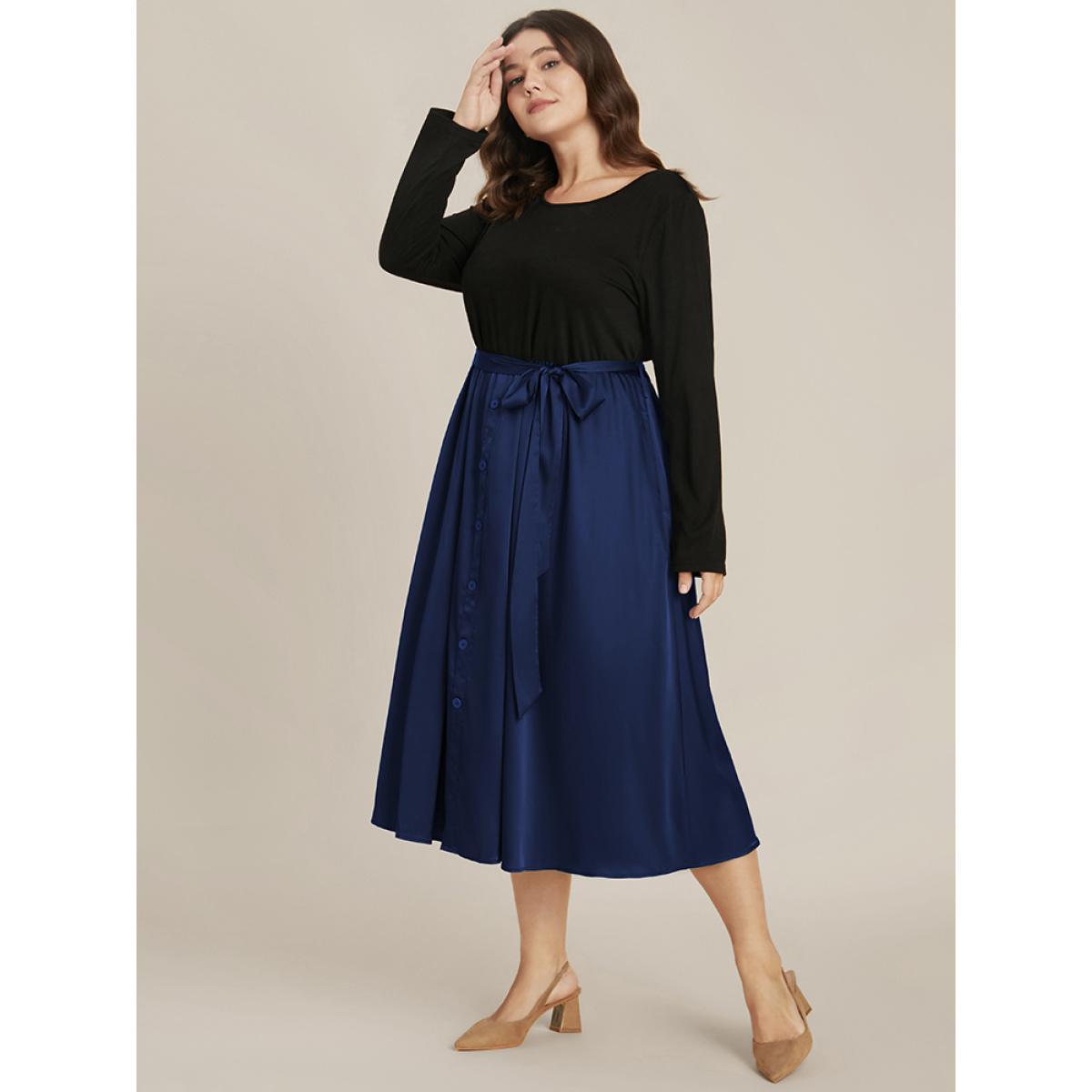 Plus Size Solid Round Neck Pocket Button Detail Belted Satin Dress DarkBlue Women Office Patchwork Round Neck Long Sleeve Curvy Midi Dress BloomChic 14-16/1X Product Image