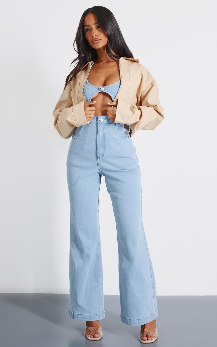 Petite Light Blue Wash Sleeveless Cut Out Straight Leg Jumpsuit Product Image