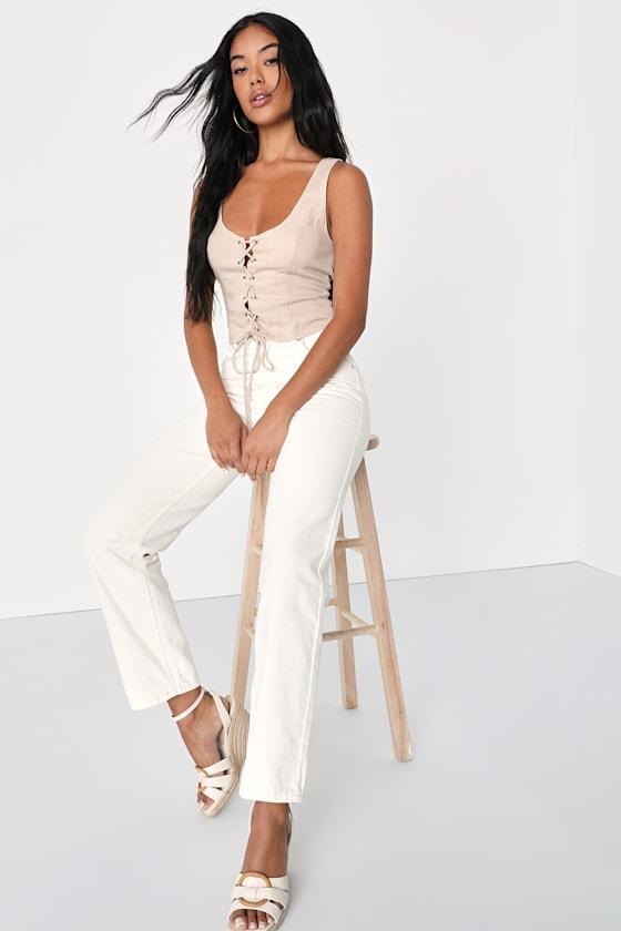 Trendy Treasure Taupe Lace-Up Cropped Corset Tank Top Product Image