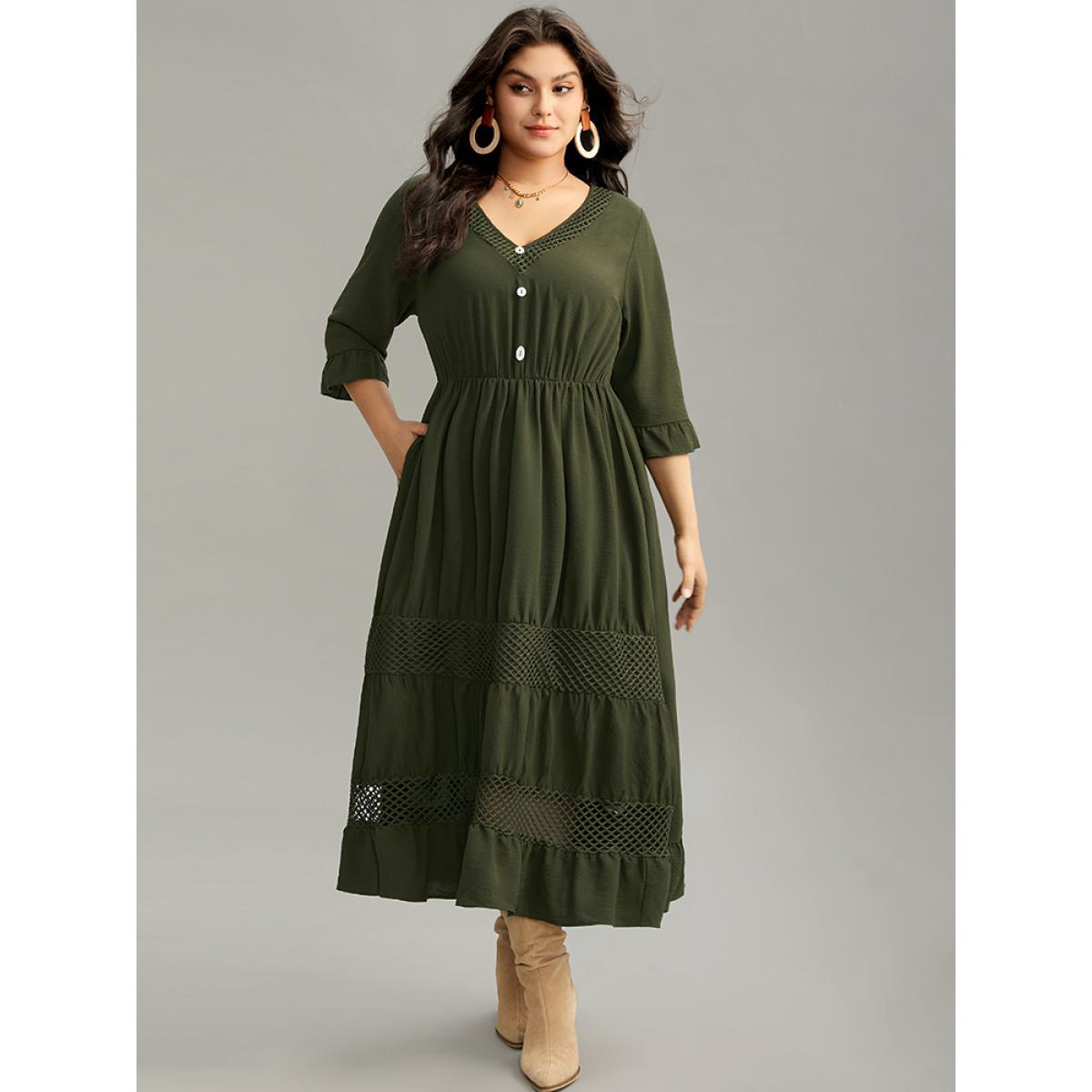 Plus Size Plain Ruffles Patchwork Button Detail Cut Out Dress ArmyGreen Women Vacation Plain V-neck Elbow-length sleeve Curvy Midi Dress BloomChic 14-16/1X Product Image