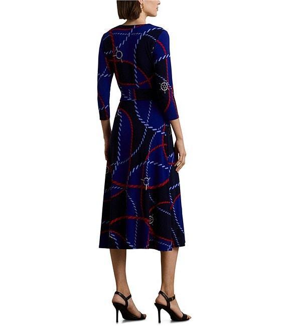Lauren Ralph Lauren Rope Print Stretch Jersey Surplice V-Neck 3/4 Sleeve Self-Tie Belt A-Line Dress Product Image