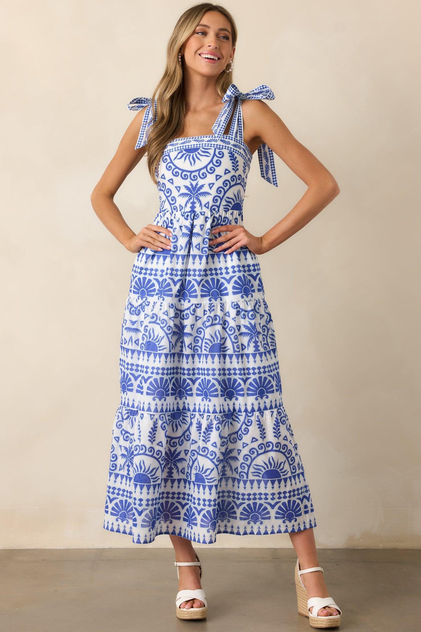 Afternoon Sips Cotton Blue Tropical Print Maxi Dress Product Image