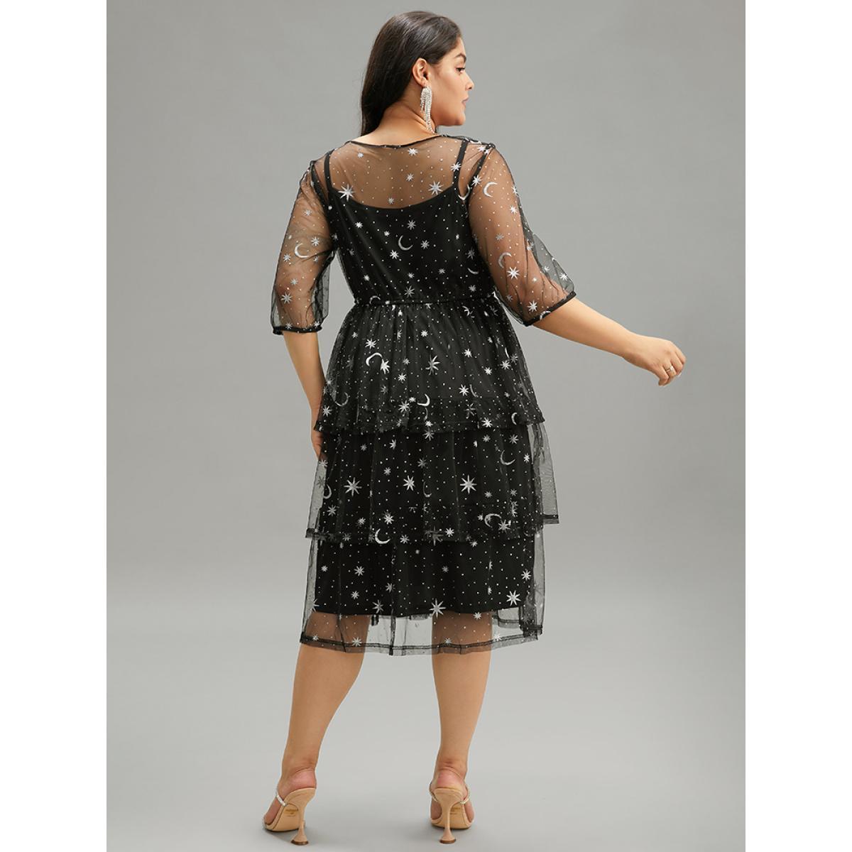 Plus Size Crochet Lace Mesh Moon & Star Dress Black Women Cocktail See through V-neck Elbow-length sleeve Curvy Midi Dress BloomChic 28/5X Product Image