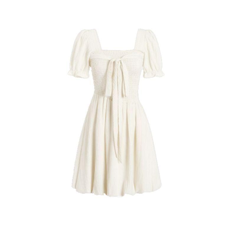 Puff Sleeve Square-Neck Plain Tie-Front Mini A-Line Dress Product Image