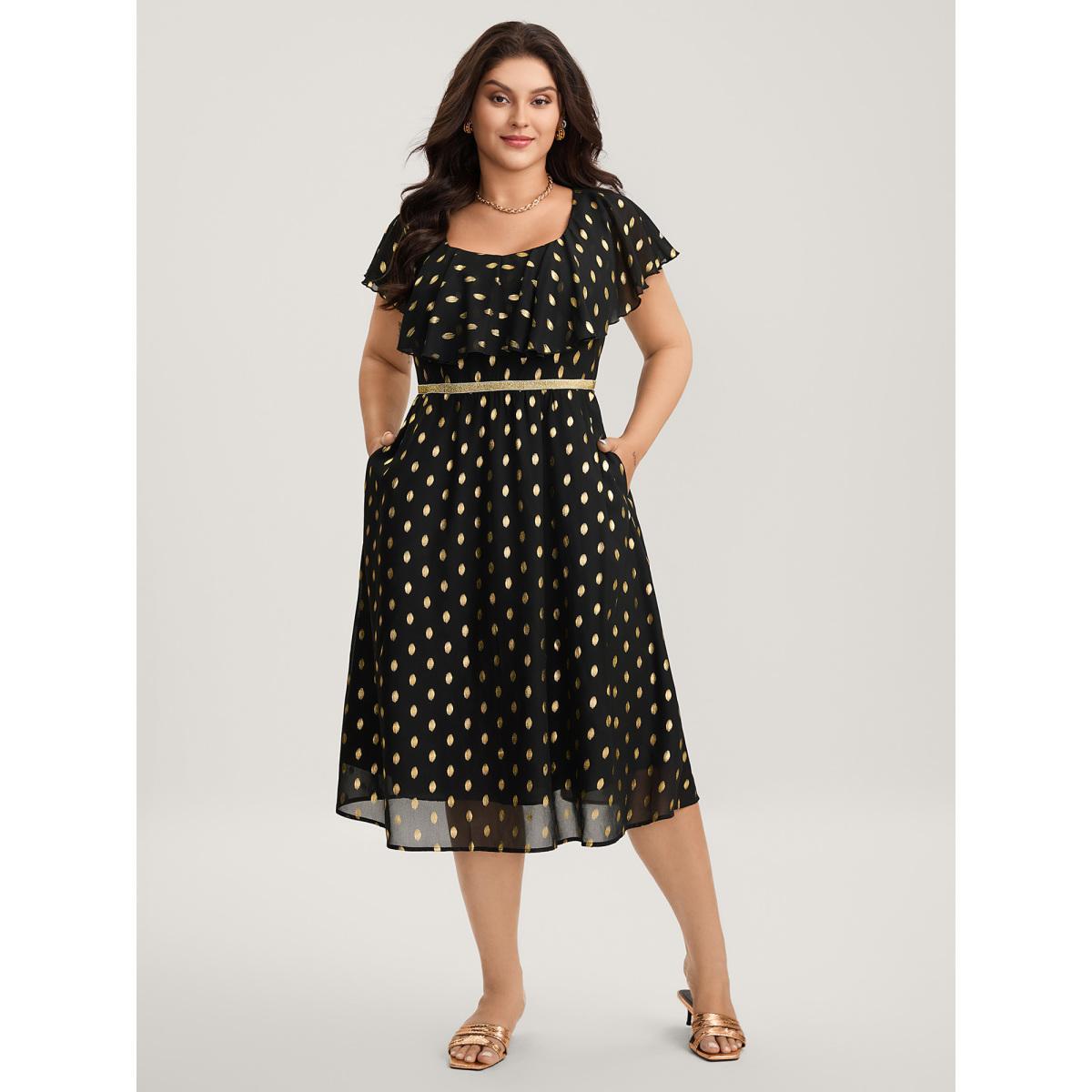 Plus Size Shimmery Polka Dot Stretchy Waist Midi Dress BlackFlower Women Party Curvy Bloomchic 14-16/1X Product Image
