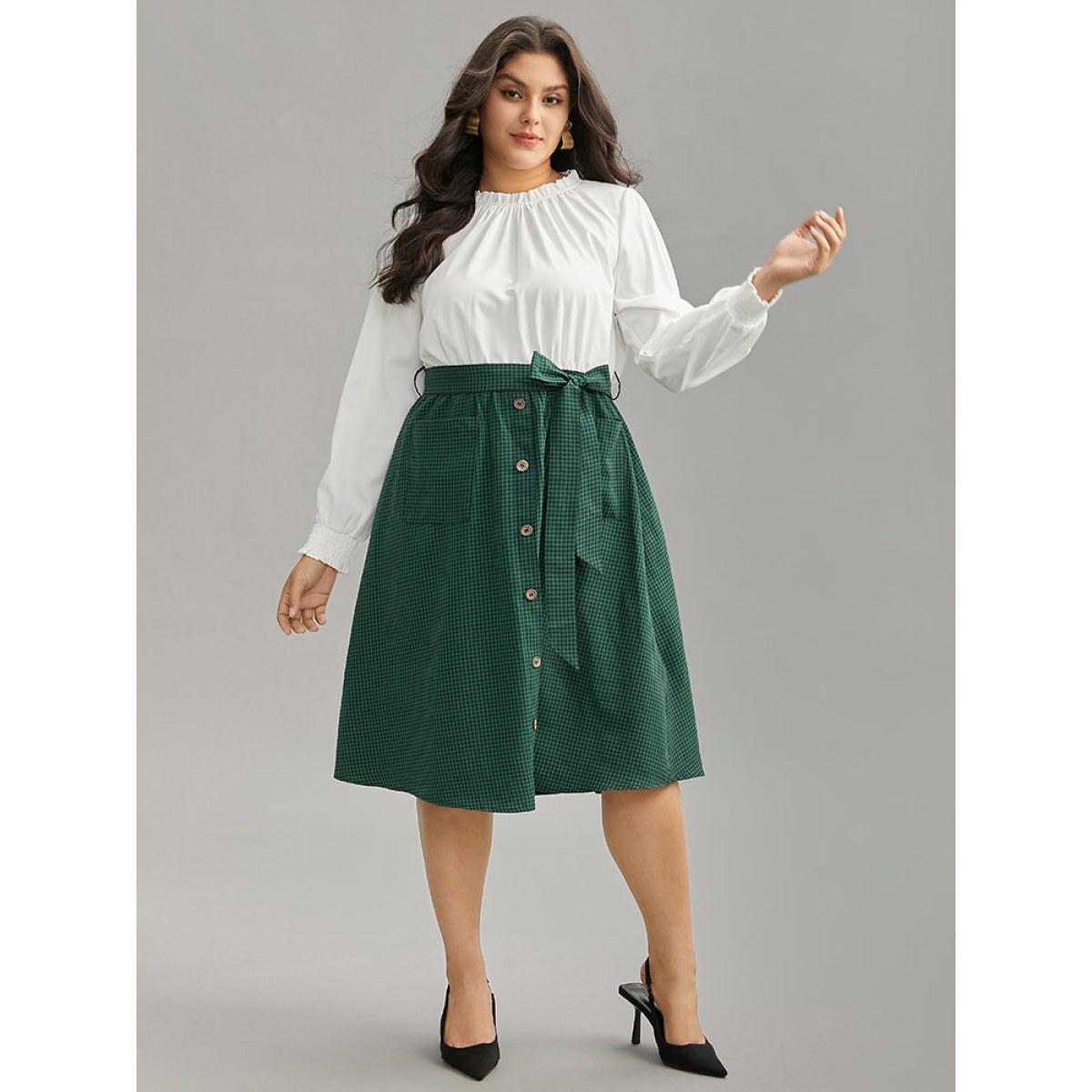 Plus Size Gingham Belted Frill Trim Button Detail Dress DarkGreen Women Elegant Printed Mock Neck Long Sleeve Curvy Midi Dress BloomChic 12/L Product Image