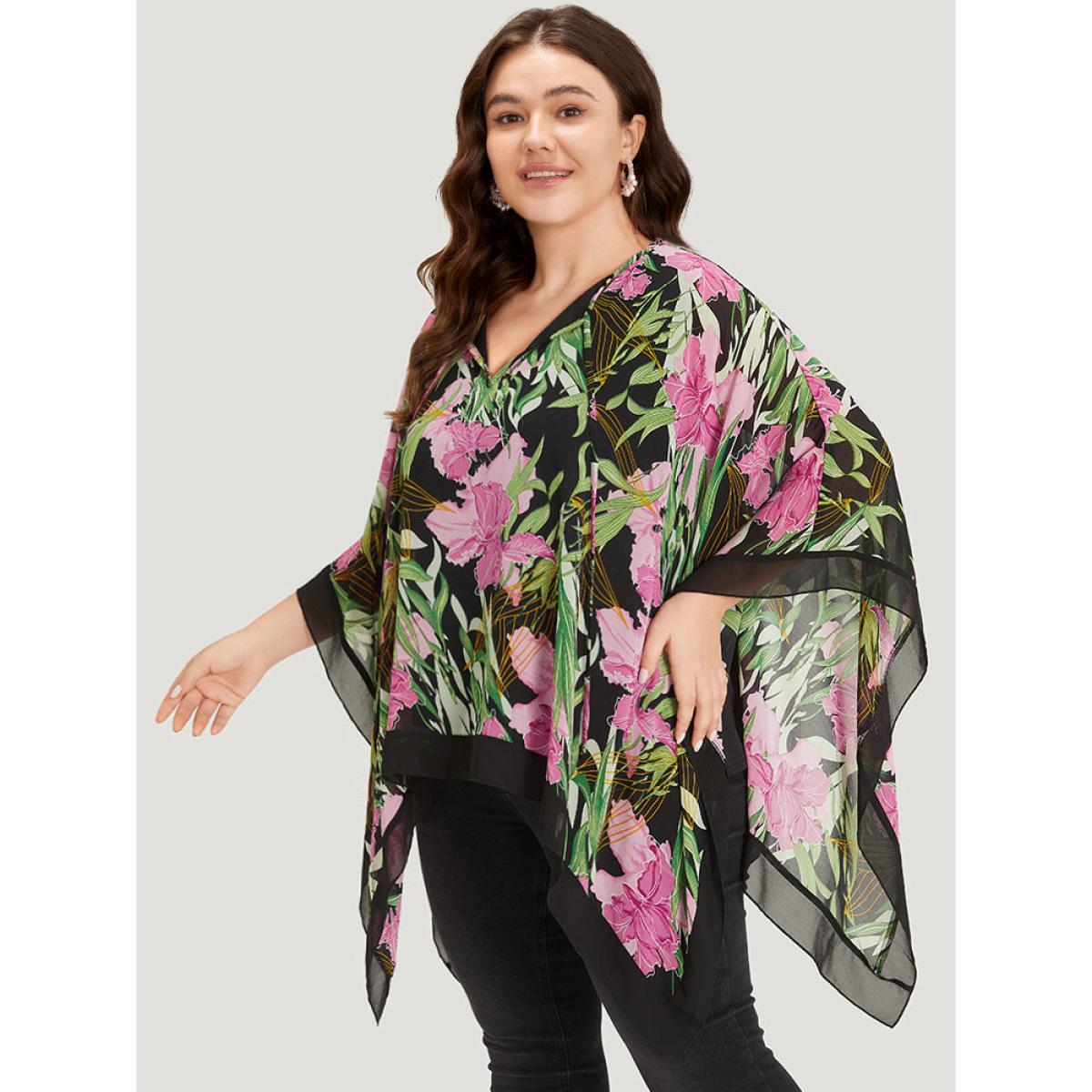 Plus Size Multicolor Floral Ties Batwing Sleeve Hanky Hem Layered Blouse Women Glamour Elbow-length sleeve Tie Neck Going out Blouses BloomChic 18-20/2X Product Image
