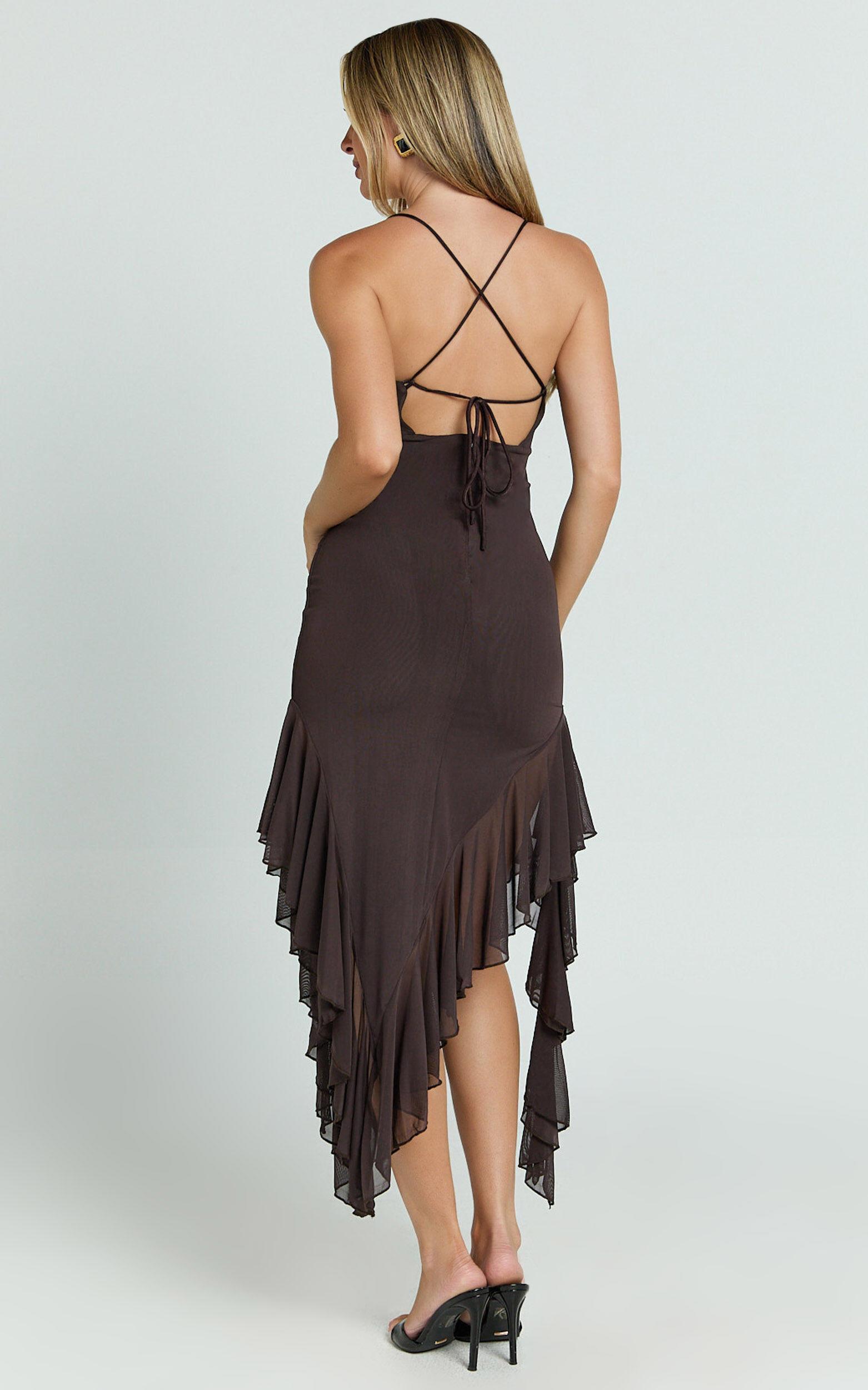Constantina Midi Dress - Asymmetric Ruffle Tie Back Dress in Dark Chocolate Product Image
