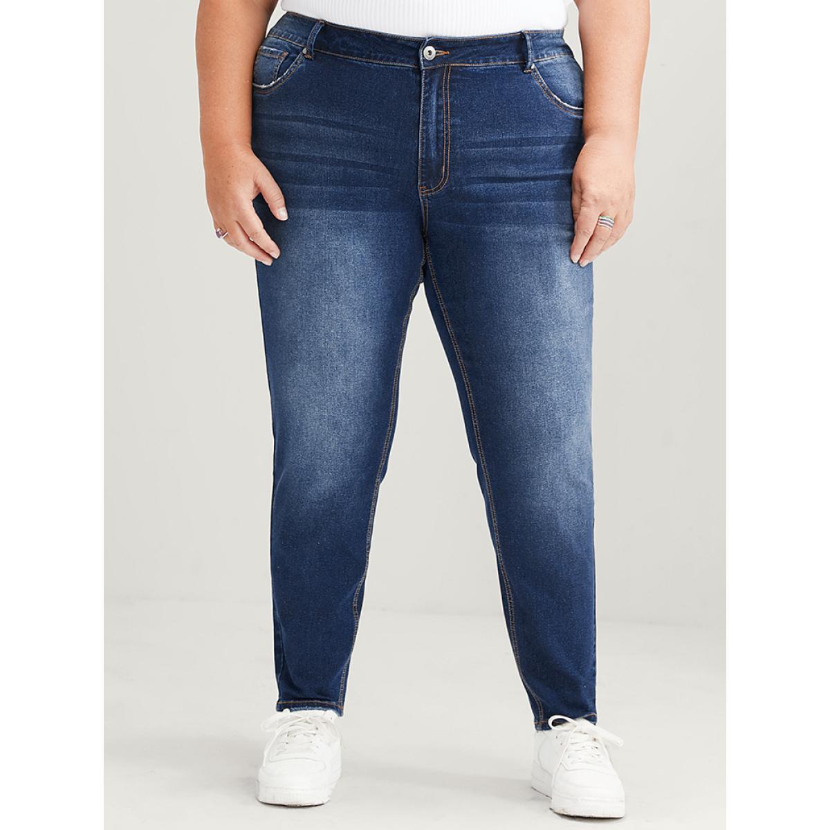 Plus Size Mom Jeans Straight Very Stretchy High Rise Medium Wash Contrast Jeans Women DarkBlue Casual Plain High stretch Slanted pocket Jeans BloomChic 20/2X Product Image
