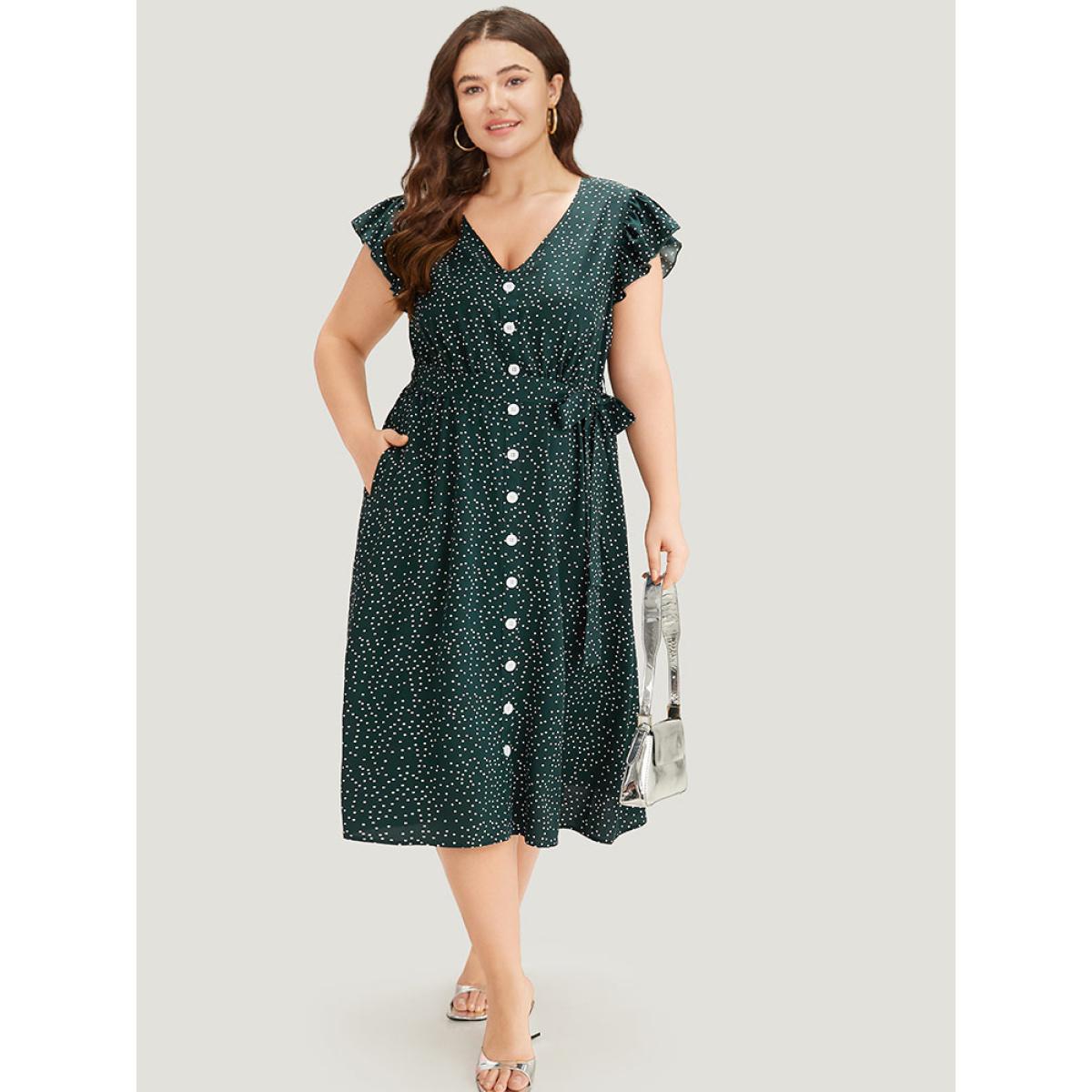 Plus Size Polka Dot Flutter Trim Button Detail Belted Dress Teal Women Office Belted V-neck Sleeveless Curvy Midi Dress BloomChic 22-24/3X Product Image