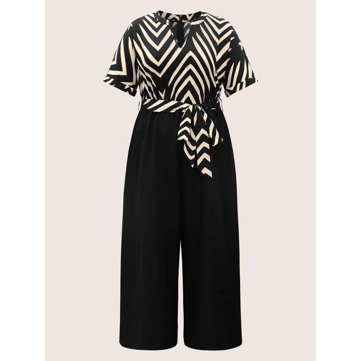 Plus Size Black Striped Patchwork Knot Cuffed Sleeve Jumpsuit Women Work From Home Half Sleeve Flat collar with V-notch Work Loose Jumpsuits BloomChic 14-16/1X Product Image