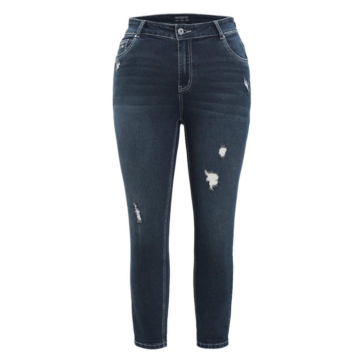 Plus Size Very Stretchy High Rise Dark Wash Distressed Stitch Jeans Women Midnight Casual Plain Roll Hem High stretch Jeans BloomChic 22/3X Product Image